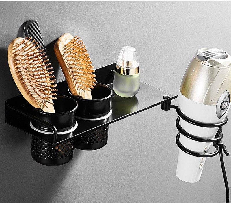 Gold Hair Dryer Holder Space Aluminium Bathroom Wall Shelf Hair Dryer Rack with Basket bathroom shelves Bathroom Accessories: E-black