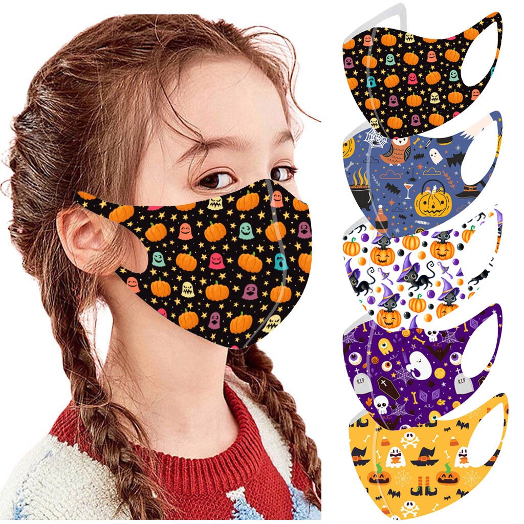 Mode Stofkap Kinderen Halloween Mond Masker Voor Bescherming Gezichtsmasker Wasbaar Oorhaakje Comfortabel En Zacht Masker 5Pcs