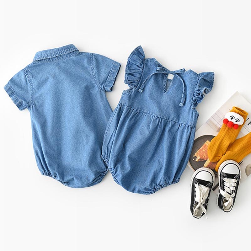 Milancel zomer babykleding effen jongens bodysuits babymeisjes denim bodysuits korte mouwen baby jumpsuits
