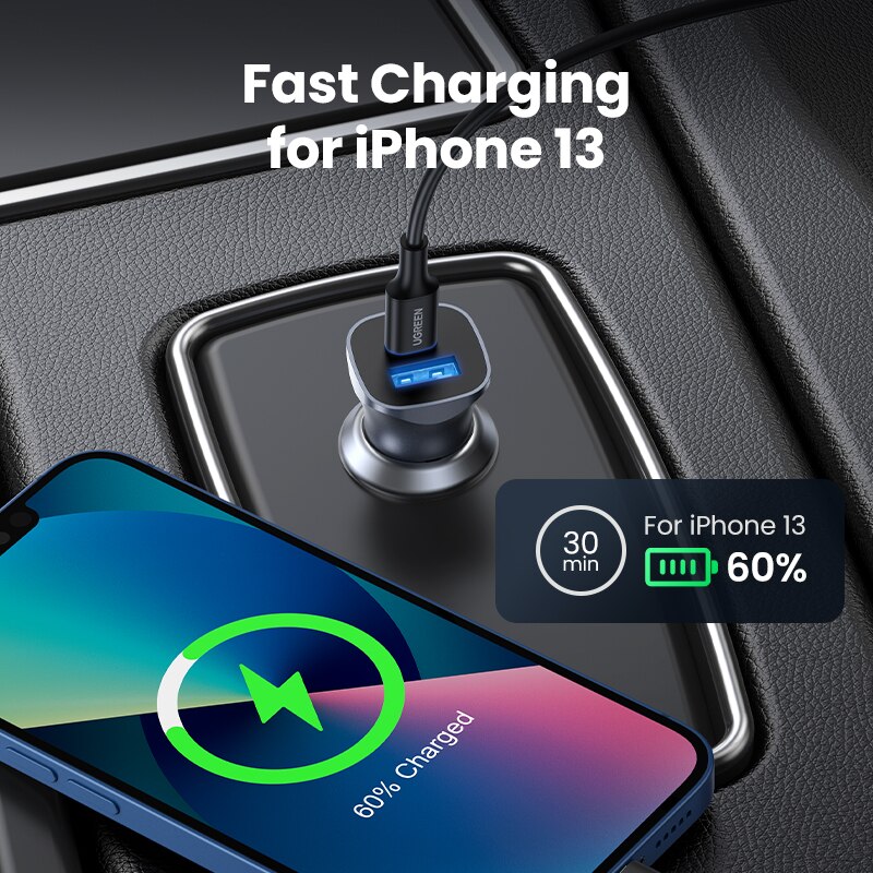 UGREEN 30W ładowarka samochodowa podwójny Port QC 4.0 3.0 szybkie ładowanie dla iPhone 13 12 Xiaomi Huawei Samsung Supercharge typ C ładowarka