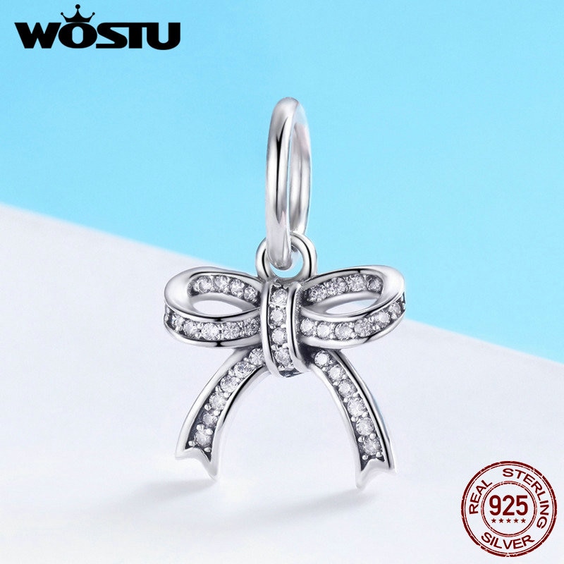 WOSTU Authentic 100% 925 Sterling Silver Bowknot Crystal CZ Pendant fit Original Bracelet Necklace Women Jewelry CQC775