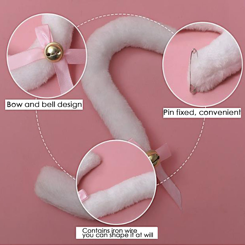 Plush Long Cat Tail with Ribbon Bowknot Bell Plush Furry Cat Ears Headwear White Lace Women Girls Party Cosplay