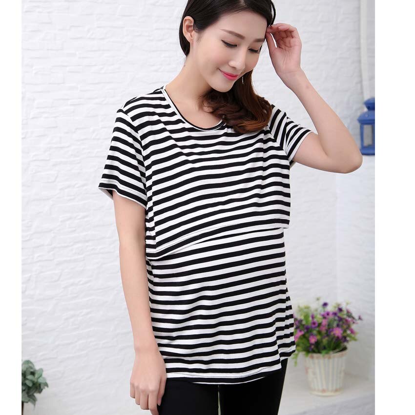 Maternity Clothes Spring Summer Striped Loose Casual Breastfeeding Blouses Tops for Pregnant Women Pregnancy Tanks: Black Lines / XL