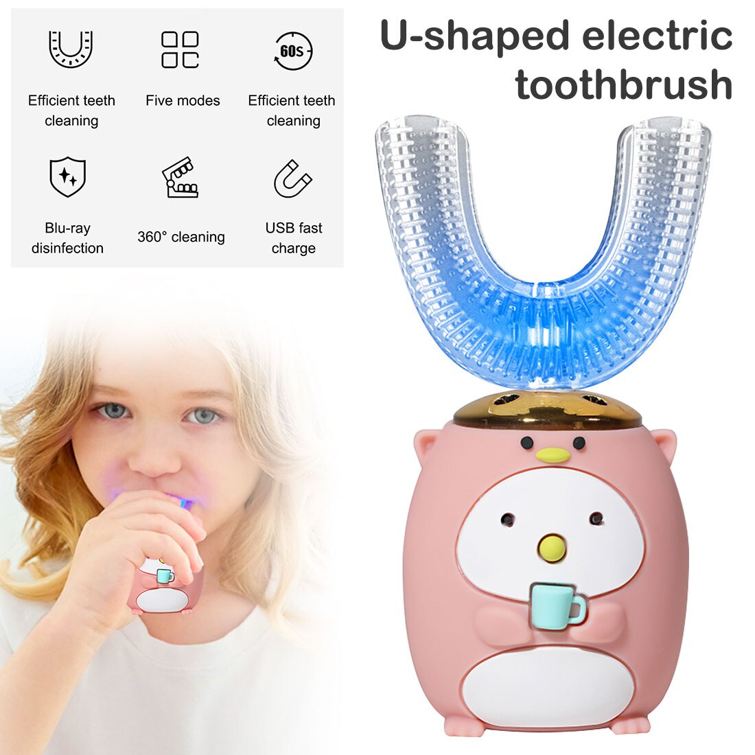 Smart 360 Graden U Elektrische Tandenborstel Kids Silicon Automatische Ultrasone Tanden Tandenborstel Cartoon Patroon Kinderen: Pink 2-6 age