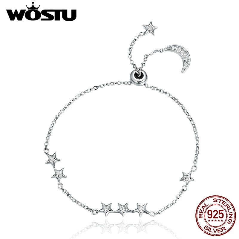 Wostu merk echt 925 sterling zilveren maan & sterren verstelbare kettingarmband voor vrouwen fijne sieraden jaar cqb 007