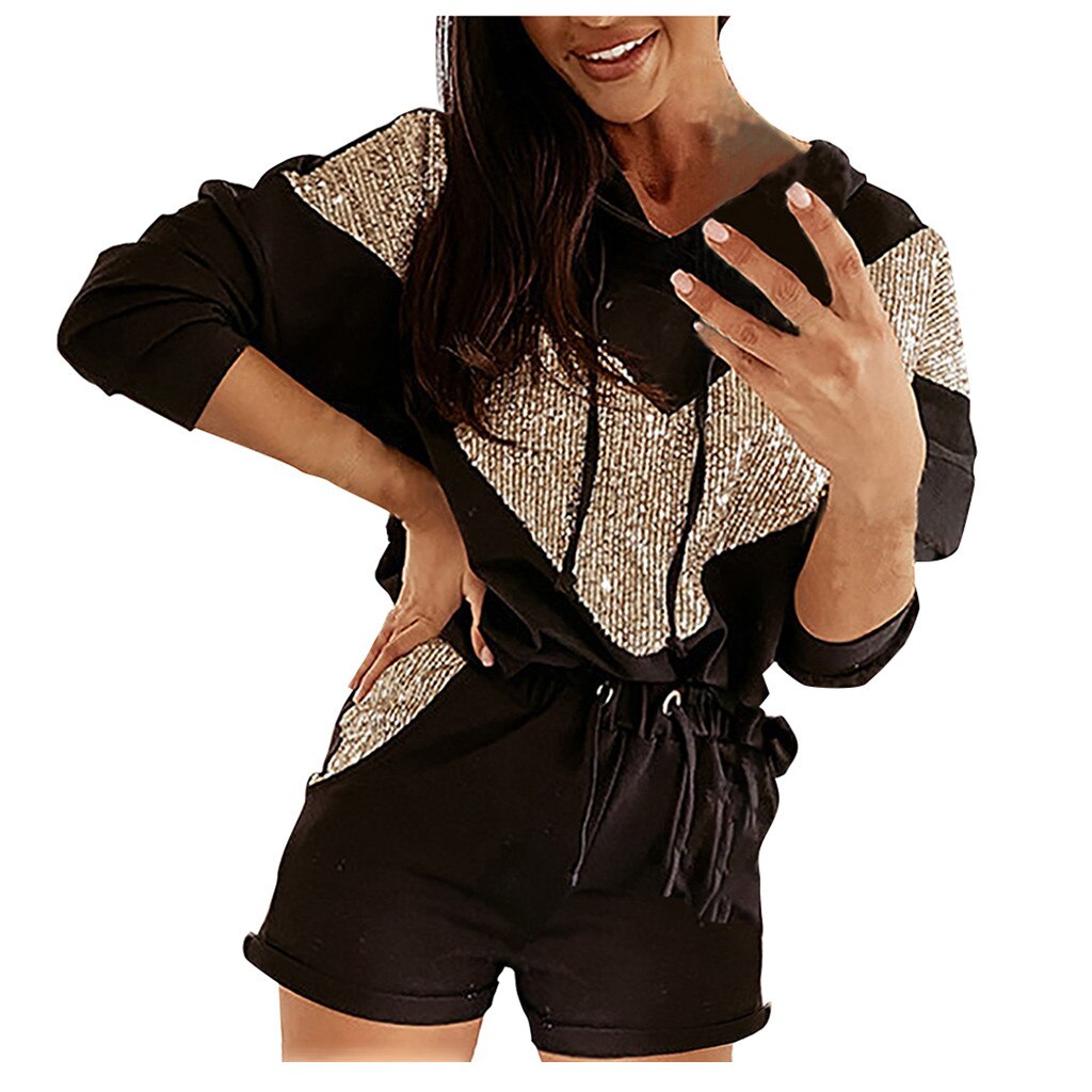 Damskie solidne zestawy z długim rękawem z kapturem cekiny pulowerowe topy szorty zestaw sportowy odzież sportowa dresy damskie zestaw robić biegania #3: czarny / Xl