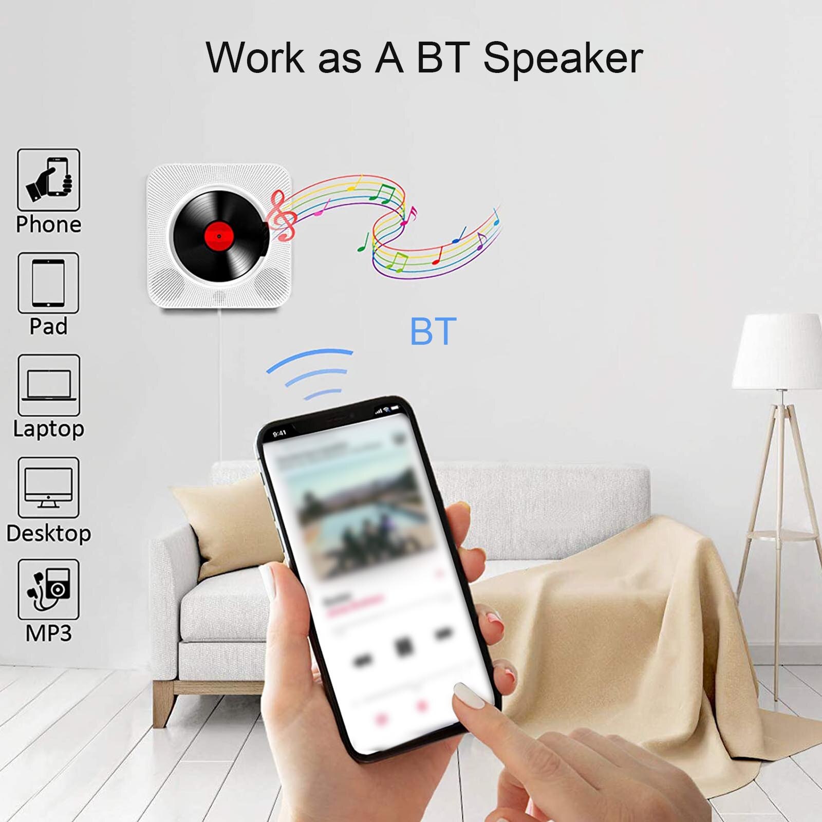 Reproductor de CD portátil KC-909, altavoz Bt, reproductor de CD estéreo, pantalla LED, reproductor de música de CD montable en pared con Control remoto IR, Radio FM