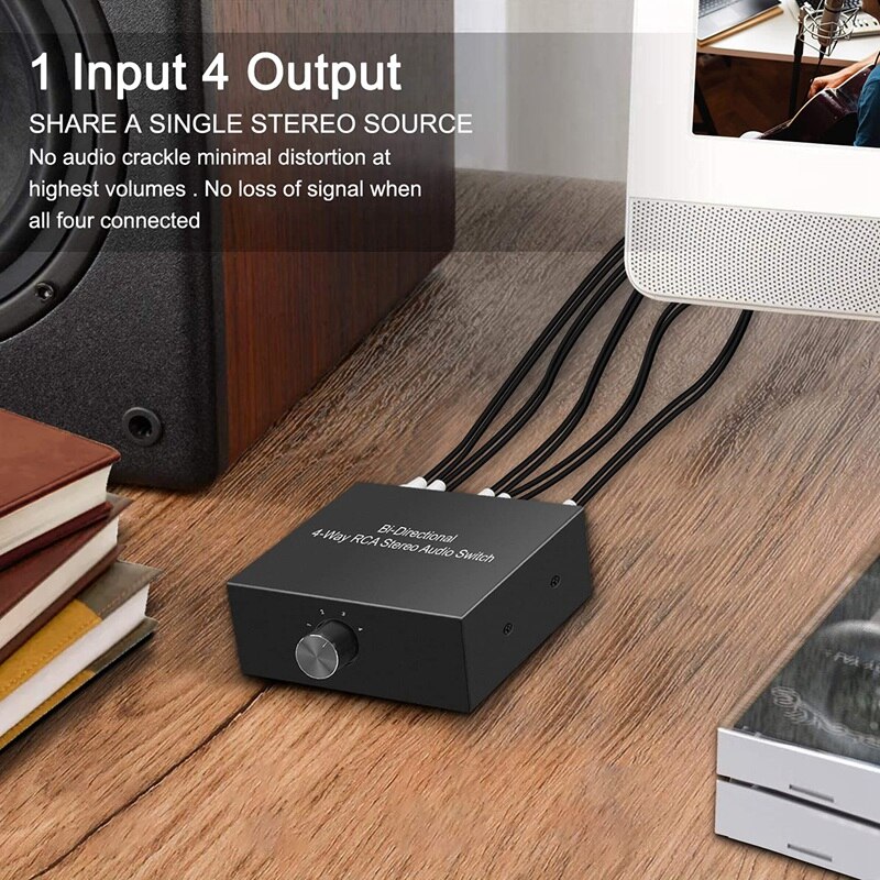 4-Way Stereo L/R Sound Channel Bi-Directional Audio Switcher, 1 in 4 Out /4 in 1 Out, Audio Switch Splitter for Speaker