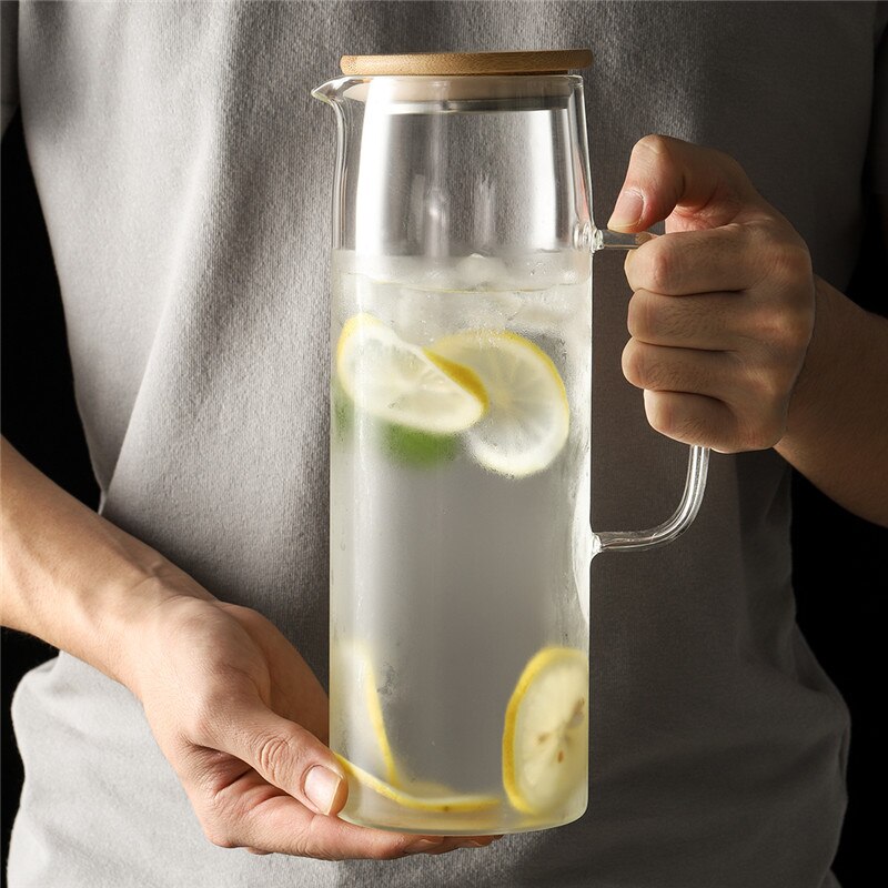 Glaskanna tekanna kallvatten vattenkokare hög borosilikatglas juicebehållare frukt citron rostfritt stål lock 1300ml