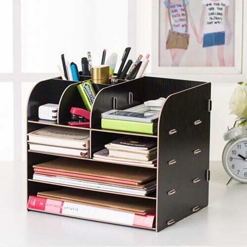 XRHYY Desktop Wooden Storage Box Office Supplies Finishing Storage Box Office File Rack Multi-Layer File Shelf A4 Data Bookshelf: Black-2