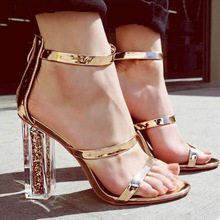 Dijigirls seneste kvinder åben tå stroppet ankelrem guld sandaler krystal gennemsigtig klar blok tyk højhælede bryllupssko