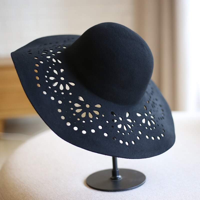 Large Brim Wool Felt Floppy Hats For Women Ladies Sun Beach Caps Female Chapeu PWFE010: black