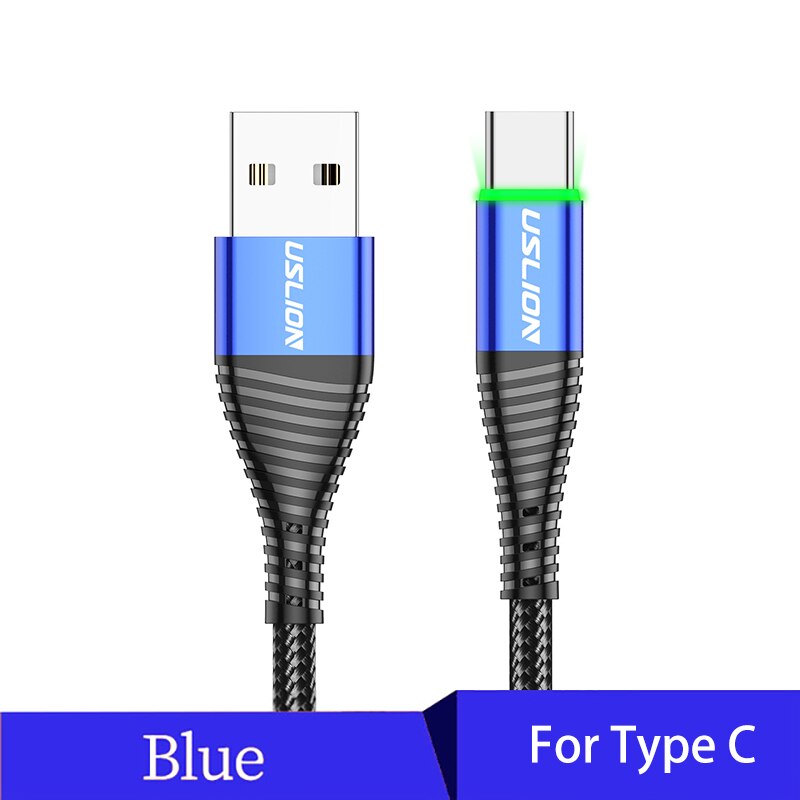 USLION USB Type C LED Fast Cable For Samsung S10 S9 Redmi note 8 pro Phone 3A Fast Charging USB-C Charger Wire Charger Data line: Blue