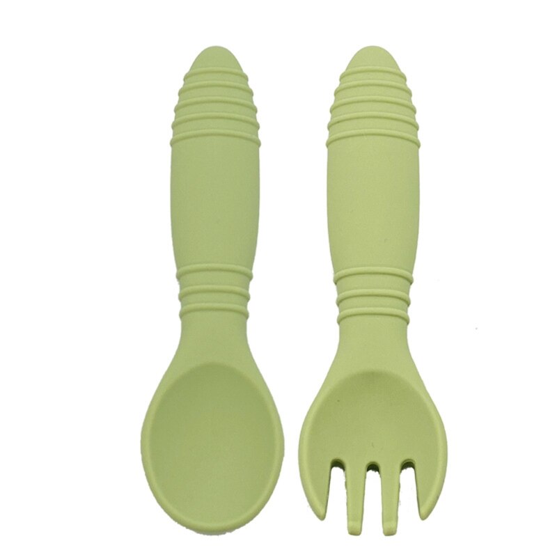 2 stk / sæt børn servise baby retter sæt silikone gaffel ske sæt fodring mad retter bpa fri: Grøn