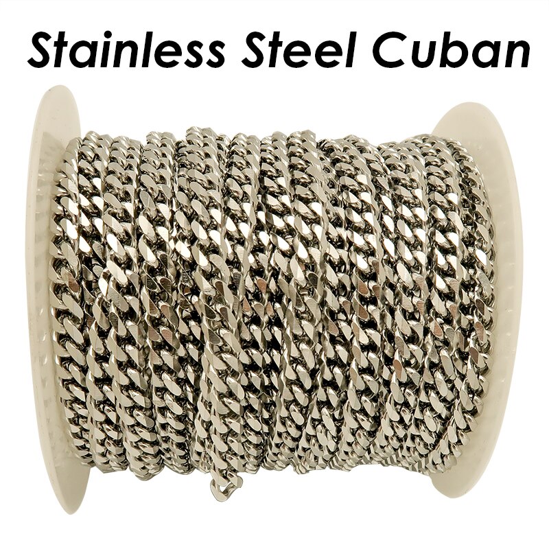 10 pies Cadena cubana de acero inoxidable, , cadena de eslabones curvos para hombres o mujeres, fabricación de joyas: 12 mm / Blanco