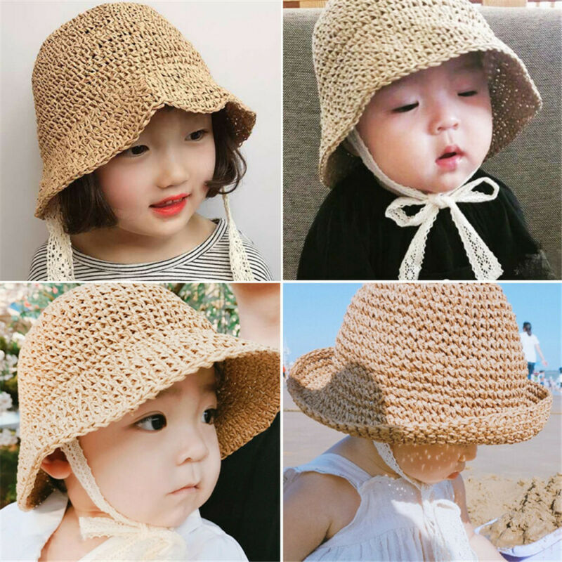 Barn spädbarn baby flicka solhatt prinsessa spets halm solhatt hink hatt sommar strand avslappnad fashon fest hatt
