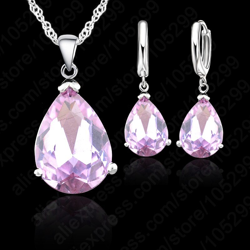 Vand kvinde fest bryllup smykker 925 sterling sølv cubic zircon øreringe halskæde sæt 9 farver: Violet