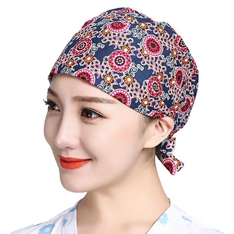 Scrubs Caps Verstelbare Head Cover Bouffant Hoeden Sombrero Mujer Cartoon Bloem Gedrukt Katoen Caps Wasbare Werkkleding Hoeden: 9