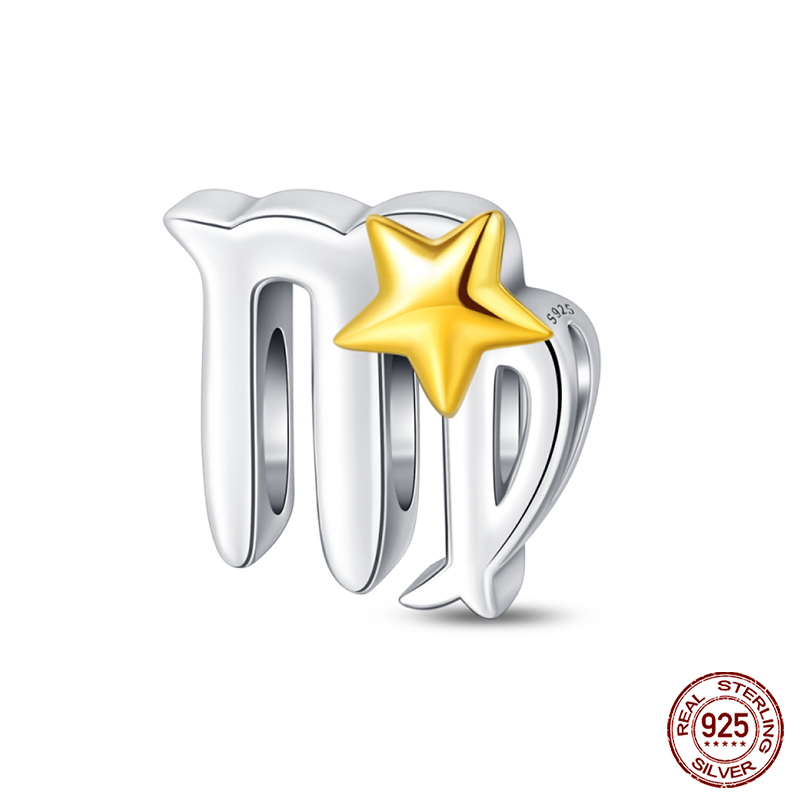 925 Sterling Silber 12 Sternbilder Reize golden Stern Tierkreis Perlen passen Qikaola Original Armbänder DIY Geburtstag Schmuck: Grau