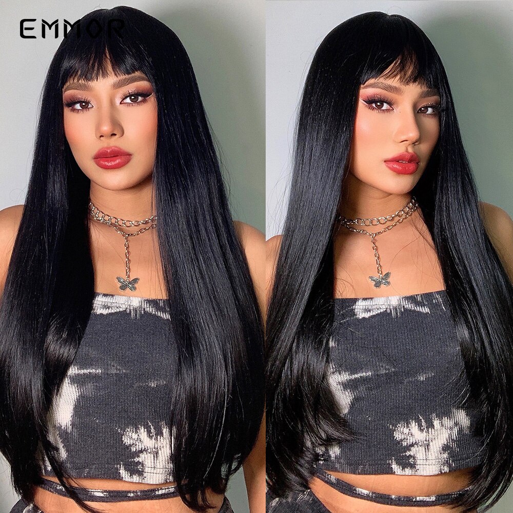 Emmor Synthetic Black Root Ombre Light Golden Blonde Straight Hair Wigs with Bangs High Temperature Cosplay Daily Wig for Women: EM257-1