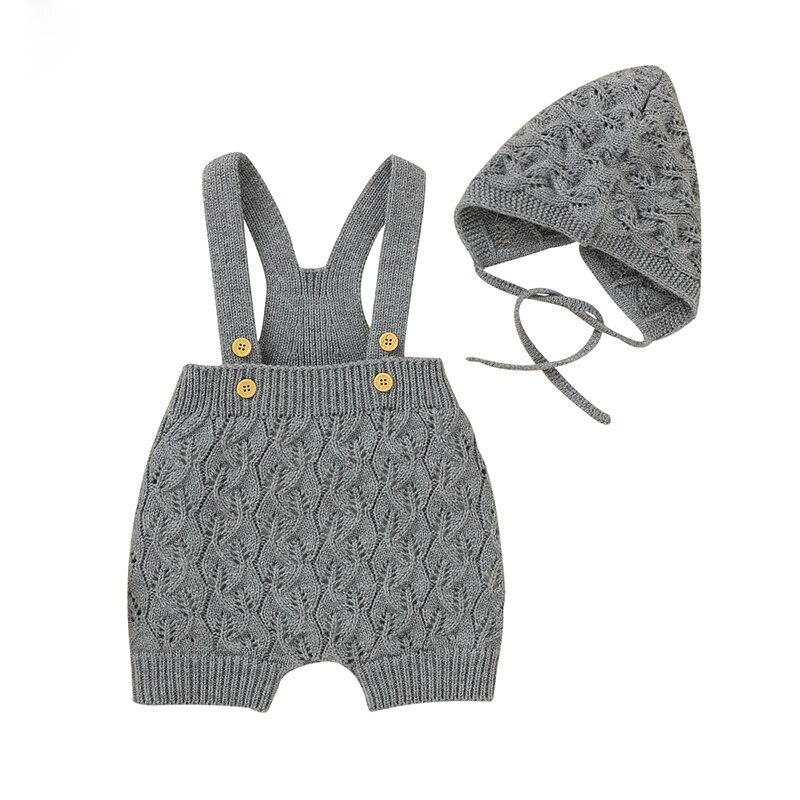 Pagliaccetti per neonati cappellino lavorato a maglia + pagliaccetto 2 pezzi tinta unita ragazzo ragazza abbigliamento 0-24 mesi inverno Ovearll per bambini primavera inverno: Grey / 6m