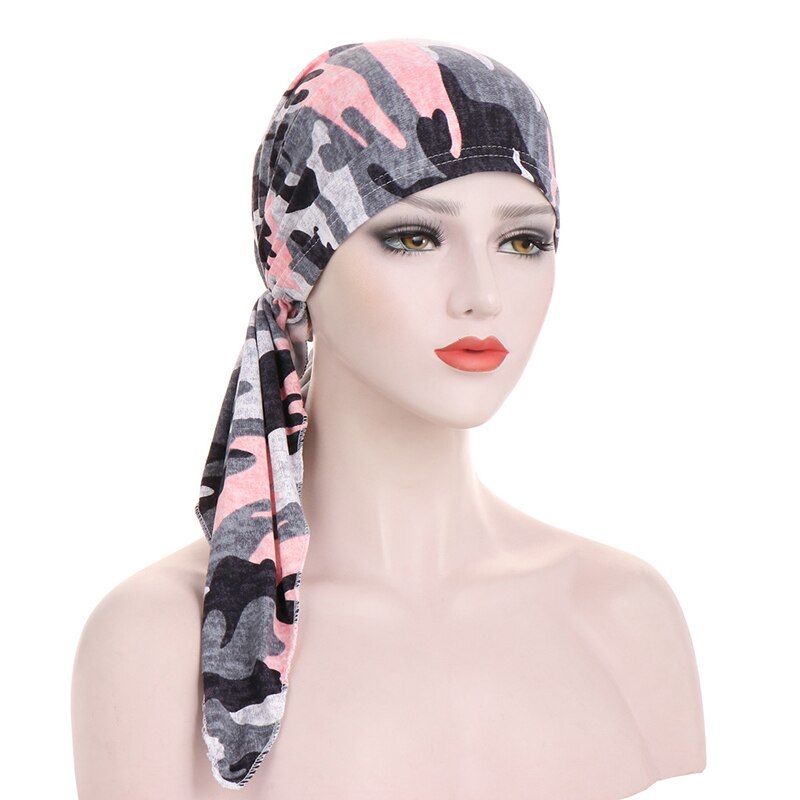 Kvinners muslimske hijab kreft chemo blomst utskrift lue turban lokk dekke hårtap hodeskjerf pakke inn pre-bundet hodeplagg strech bandana: Grå