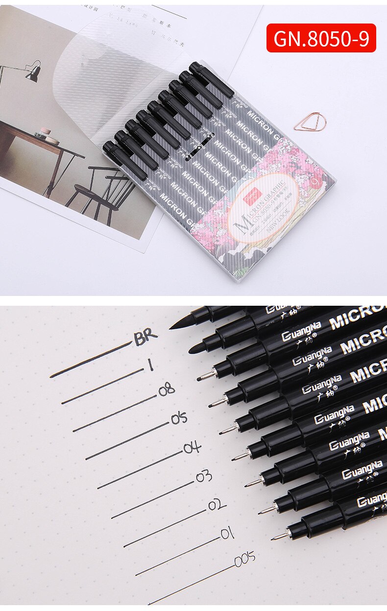 12 størrelser sort pigma micron pen vandtæt håndtegnet skitse nålepen hånd dawing liner fineliner tegneserie signatur pen: 9 stk sæt
