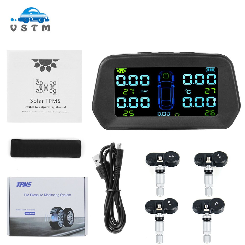 TPMS Tire Pressure Alarm Monitor Solar Power Tyre Pressure Monitoring System with 4 External Sensors Auto Alarm Security