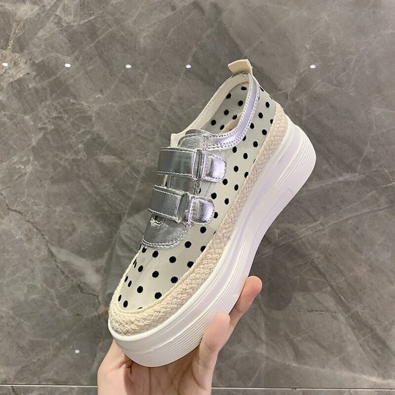Mocasines plateados de lunares transpirables para mujer, calzado elevado de cáñamo con malla de aire y cierre de velcro,