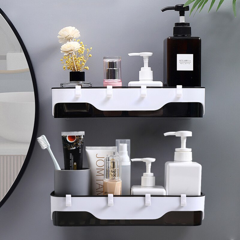 Wall-mounted Storage Rack Bathroom Shelf For Kitchen With Hooks Storage Bathroom Accessories Without Drill Plastic Container: Black-2pcs