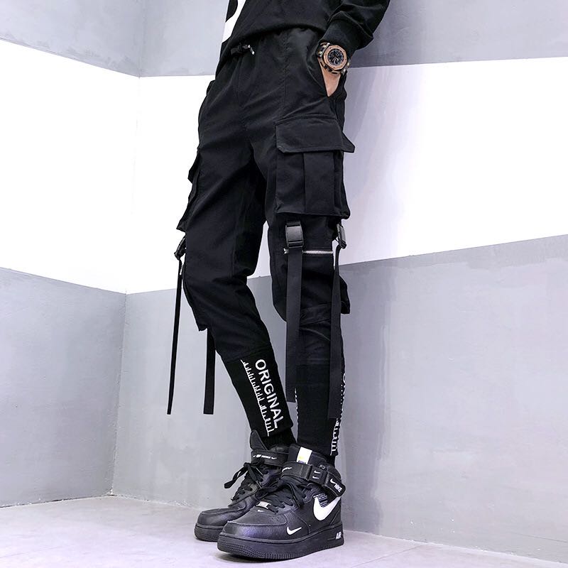 Pantalones Cargo con cintas para hombre, ropa de calle informal de cintura elástica, estilo Hip Hop, Harajuku, color negro,