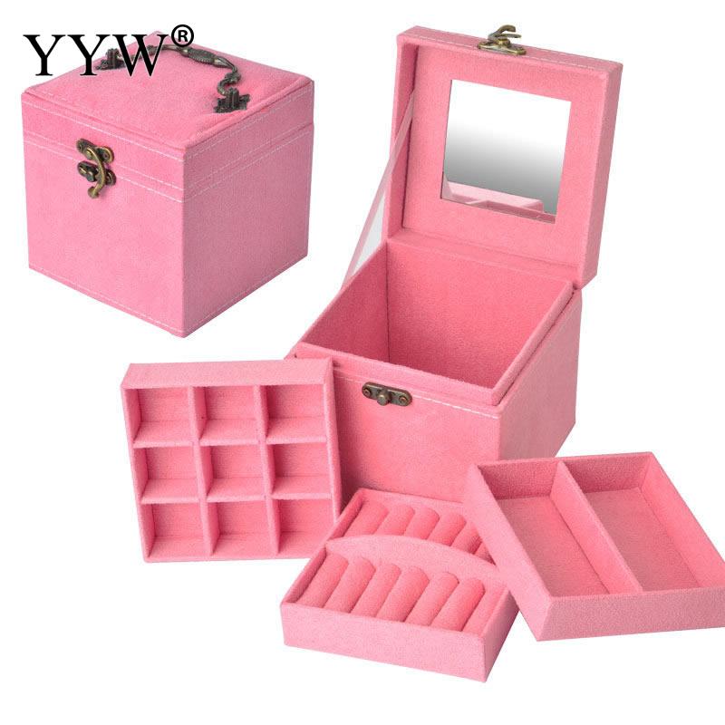 12x12x12cm Vintage Velvet Three-Tier Jewelry Box Multideck Storage Cases with Wood Mirror Wedding Birthday: 9