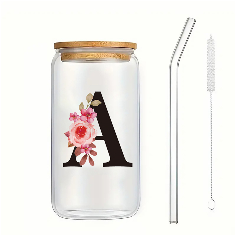 Alphabet Flowers Drinking Glass Letter A-Z Iced Coffee Water Juice Bottle Portable Clear Cup with Lid Straw Brush Birthday