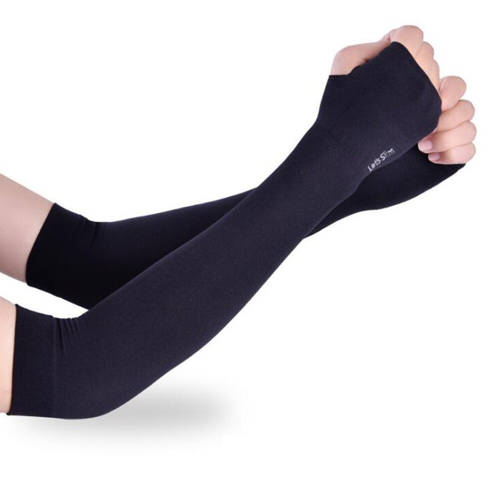 Mangas de brazo de seda helada, Protector solar, guantes largos, protección de mano UV, para exteriores brazo, calentador de medio dedo, 2 uds.: Black