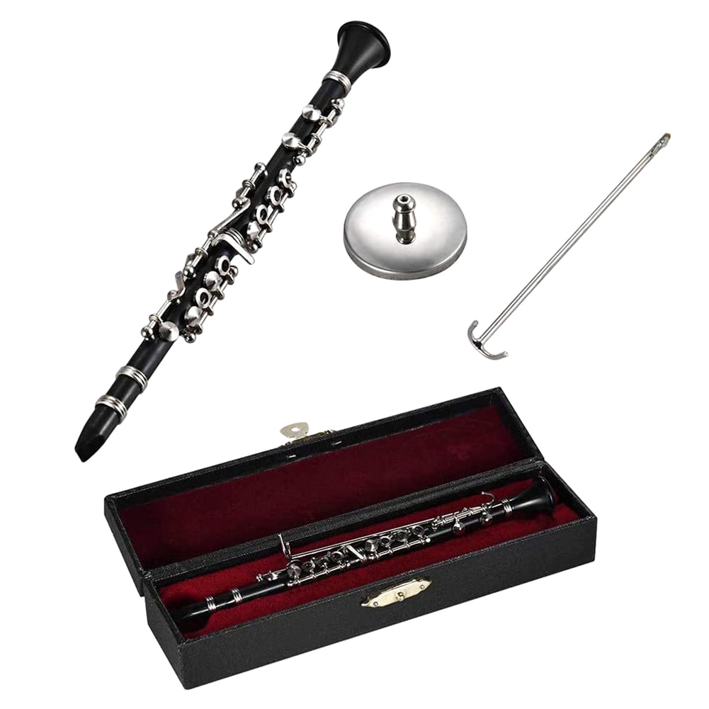 Mini Klarinet Model Muziekinstrument Miniatuur Bureau Decor Display Basklarinet Met Zwart Lederen Doos Bracket