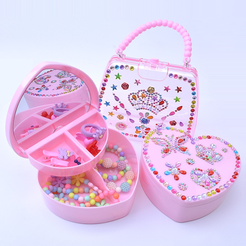 Søde tegneserie kosmetiske taskeæske med klistermærker til babypiger foregiver at spille skønhed fødselsdag kawaii smykker tilbehør