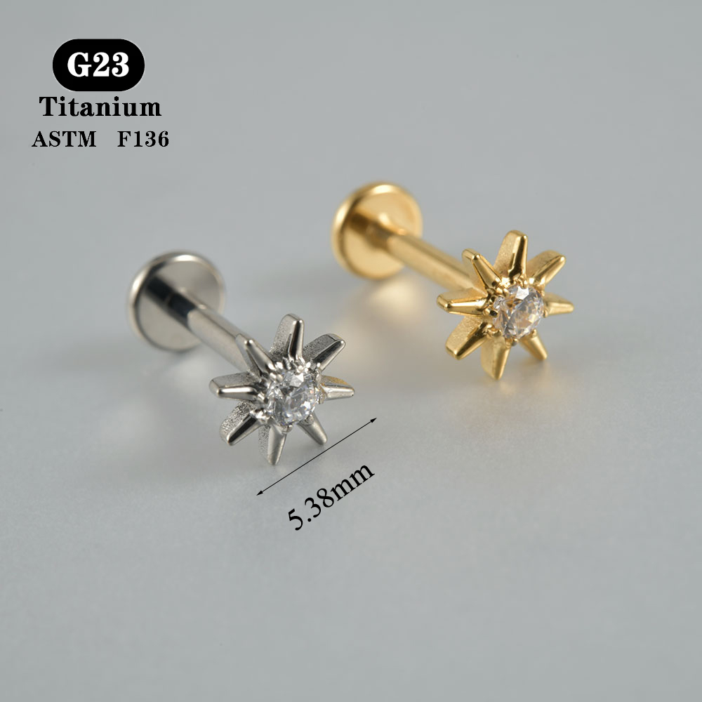 1 pendiente ASTM F136 de circonita de titanio con parte posterior plana, 12 estilos, pendientes de , lóbulo, hélice, cartílago del trago, joyería para Piercing, 1,2x8mm: Blanco / Color dorado