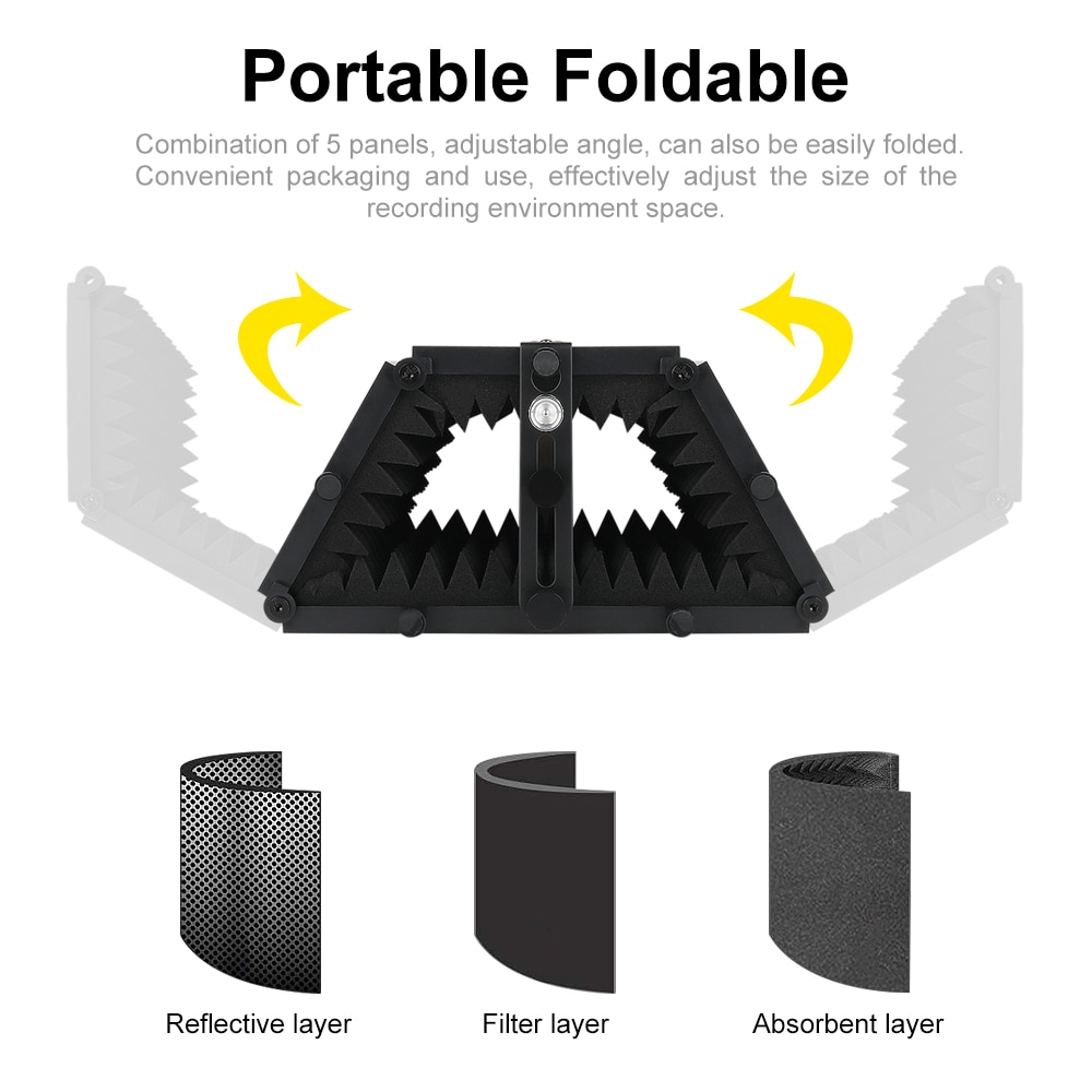 XTUGA 5 Pannels Studio Microphone Isolation Shield Foldable&Portable High Density Sound-Absorbing Foam Panel for Recording