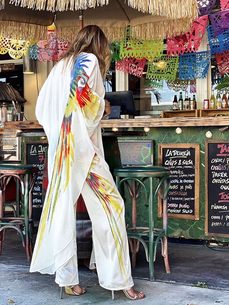 Bohemisk klänning chiffong bikini cover up kaftan vit klänning plus size kimono strandkläder tryck tunika för strand baddräkt cover up