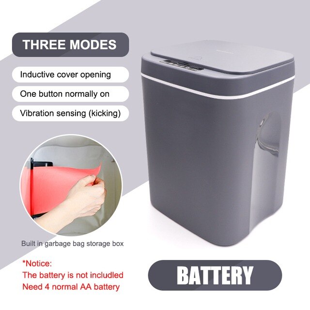 12/14/16L Intelligent Trash Can Automatic Sensor Dustbin Sensor Electric Waste Bin Home Rubbish Can for Kitchen Bathroom Garbage: BATTERY grey / 12L