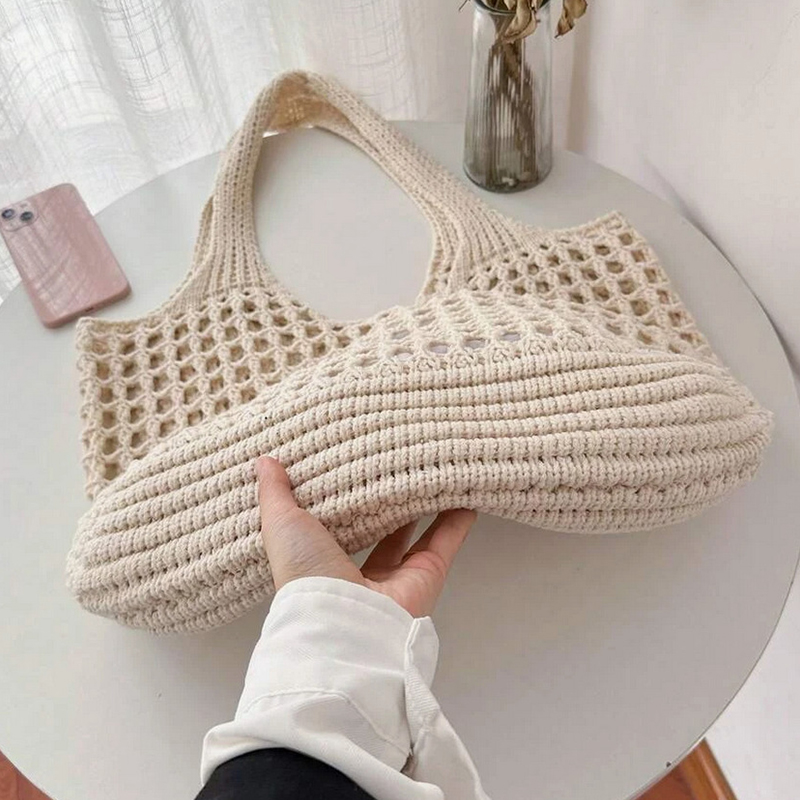 Bolsa tote feminina de crochê, bolsa de praia vazada, grande capacidade, moda de malha, cor sólida, bolsa de compras simples para viagens e férias