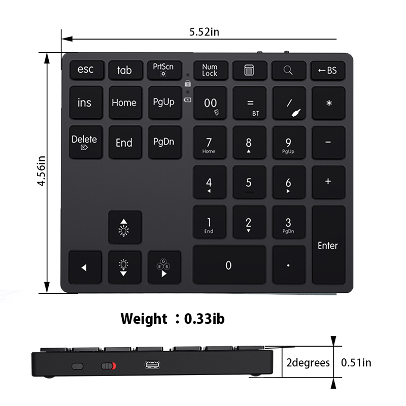 JOMAA 2.4G Bluetooth numeriek toetsenbord Draadloos oplaadbaar numpad-toetsenbord voor iPad Laptop Bedraad nummertoetsenbord