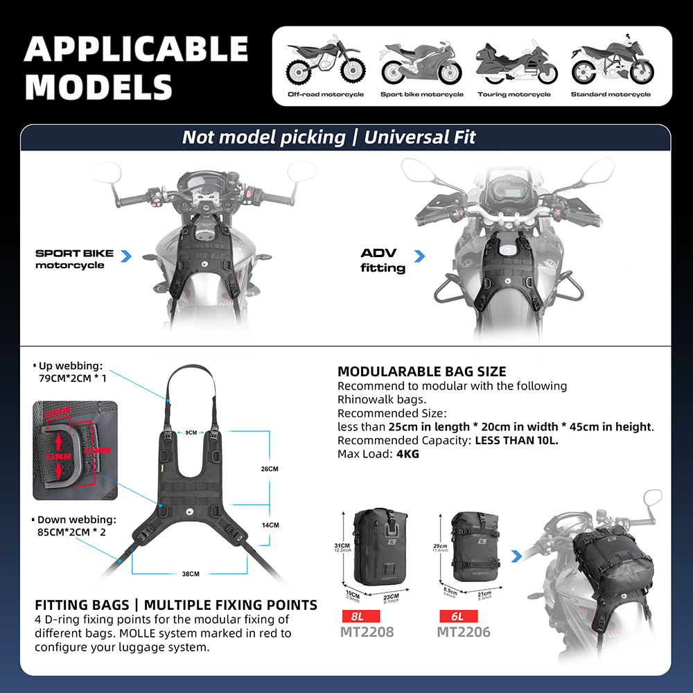 Rhinowalk-Base de bolsa de depósito para motocicleta, accesorio portátil para instalación Universal de bolsa de tanque de combustible, Base frontal sin bolsa