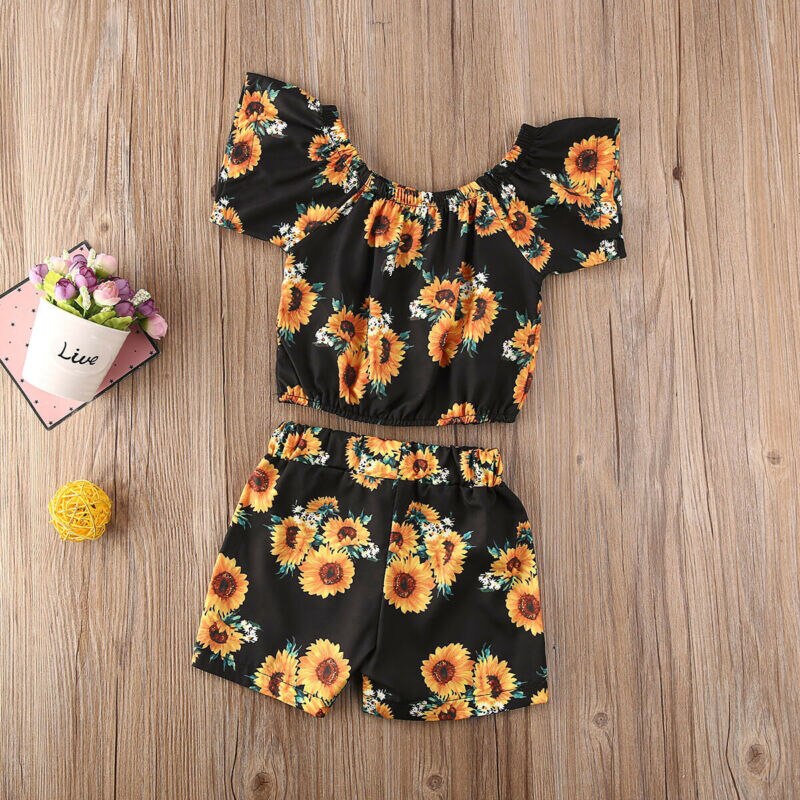 Ensemble deux pièces pour petites filles | Haut manches courtes, shorts, tenue d'été, motif floral
