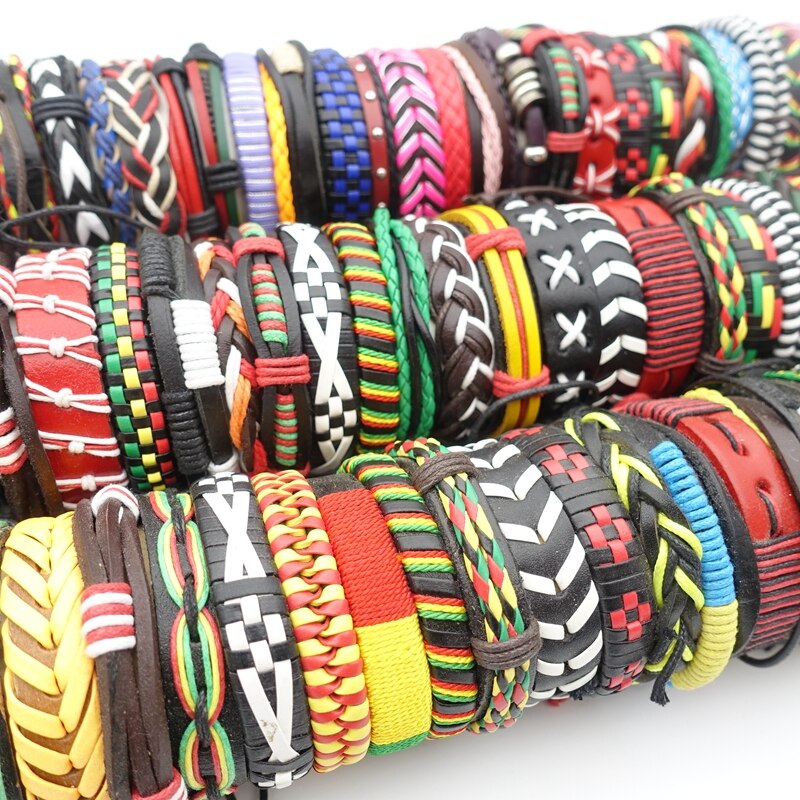 MIXMAX all&#39;ingrosso 50 pezzi bracciali polsino per uomo donna Mix stili fatti a mano in pelle gioielli moda regalo regalo scatola ridimensionabile confezionato