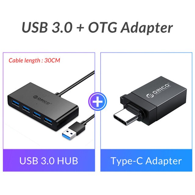 ORICO-HUB con 4 puertos USB 3,0, divisor, adaptador OTG de alta velocidad para ordenador, portátil, accesorios con puerto de alimentación Micro USB múltiple: 30 CM add Adapter