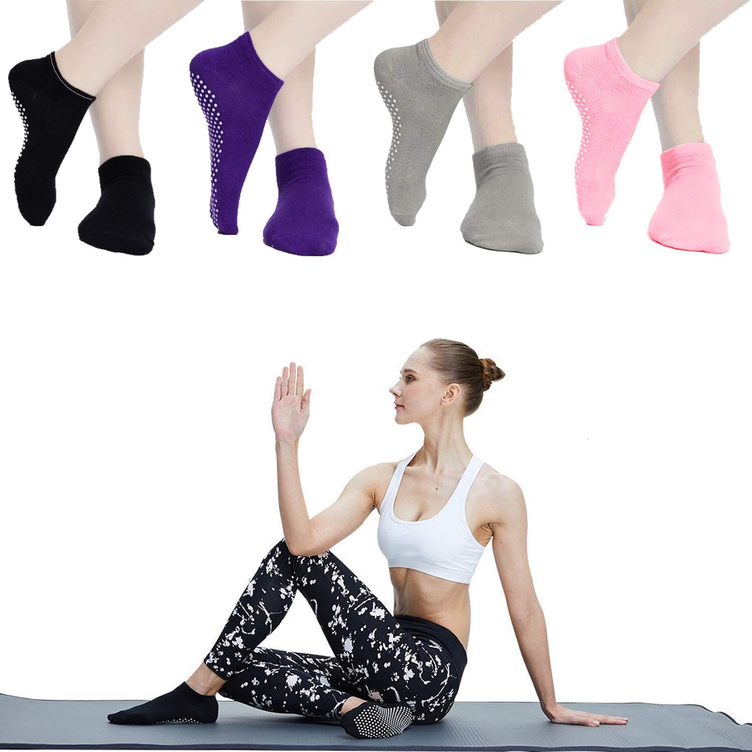 Chaussettes de Yoga pour femmes, lot de 4, antidérapantes, pour Ballet, Trampoline, gymnastique