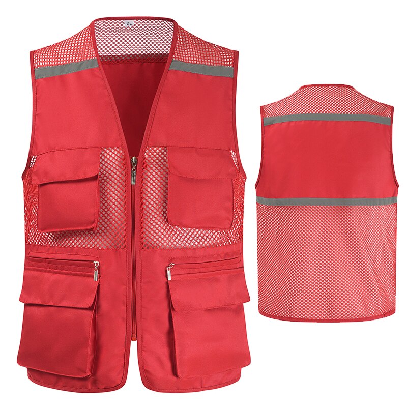 Blue Work Vest For Men With Pockets and Reflective Stripes Breathable Photography Vest: Red / XXL-Full Chest116cm