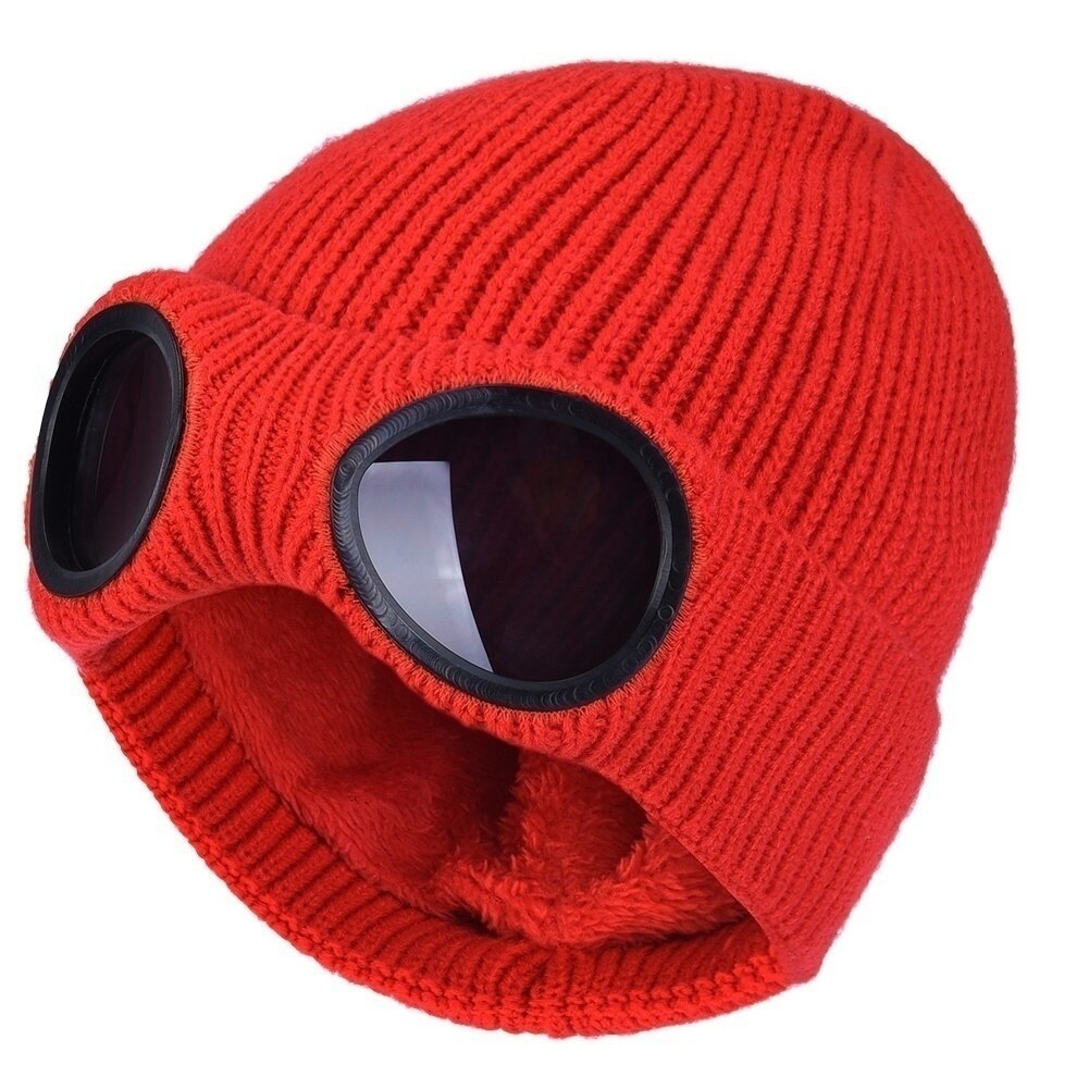Rejser udendørs fortykket vinterstrikket hat varm beanie kraniet cap strækbar strik slouchy beanie med aftagelig briller cap: Rød (56-58cm)