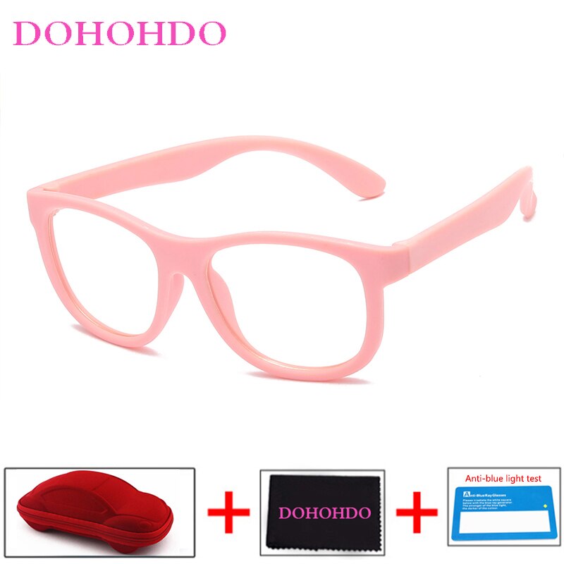 Blauw Licht Bril Kinderen Blokkeren Computer Brillen Kids Meisjes Transparante Zachte Siliconen Frame UV400 Okulary Met Case: pink
